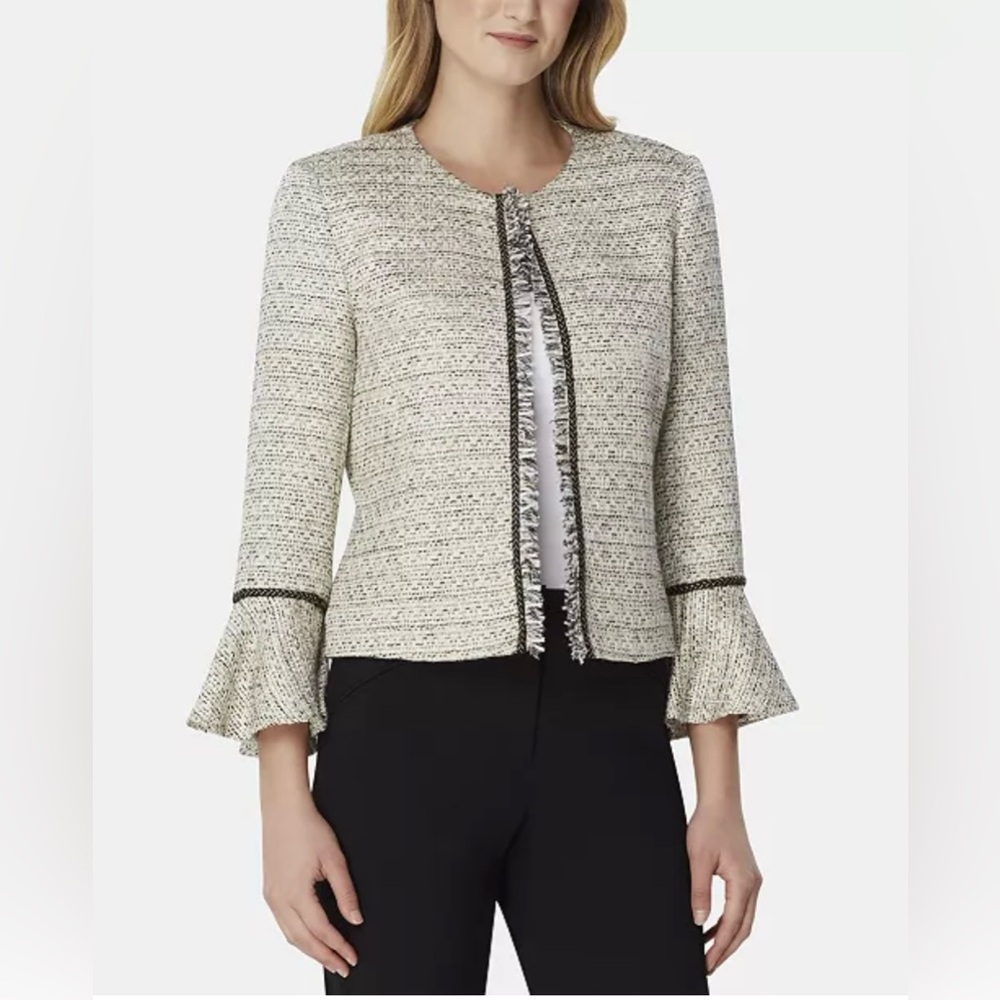 Tahari ASL's open-front boucle jacket features subtle fringed trim size 8P NWT